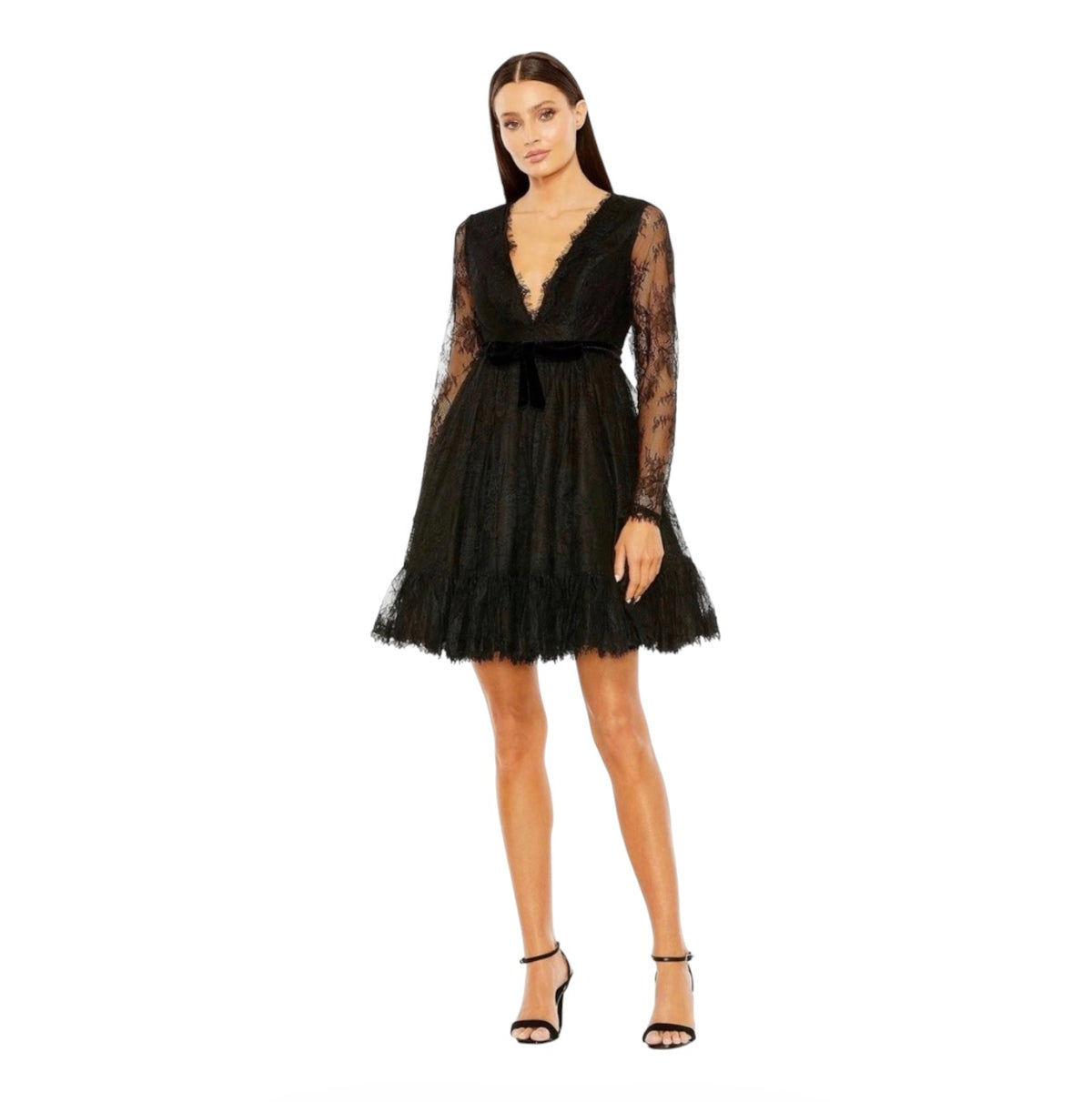 Mac Duggal 49794 Black Lace Long Sleeve Mini Dress