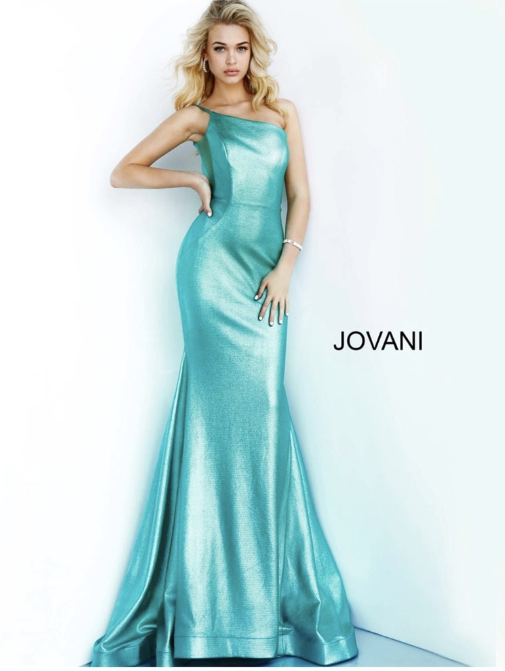 Jovani 02136 Metallic Fitted One Shoulder Prom Dress Aqua Green Sz 00