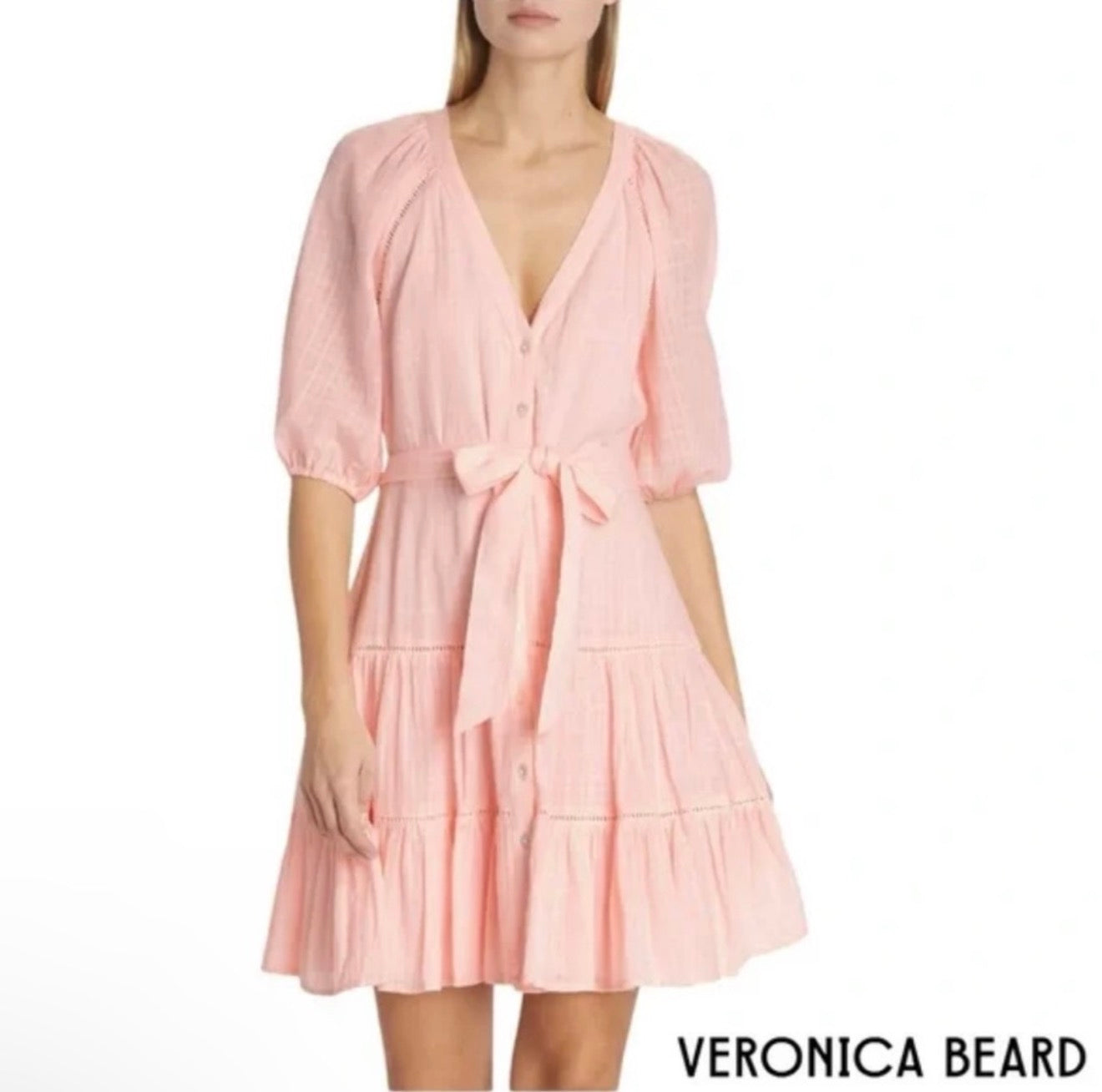 New! Veronica Beard Dewey Tiered Cotton Button-Up Tie Waist Dress Sz 2 $398