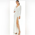 leena by Mac Duggal Long Sleeves V-neck Long Side Split Gown  White sz 0 $398 26554