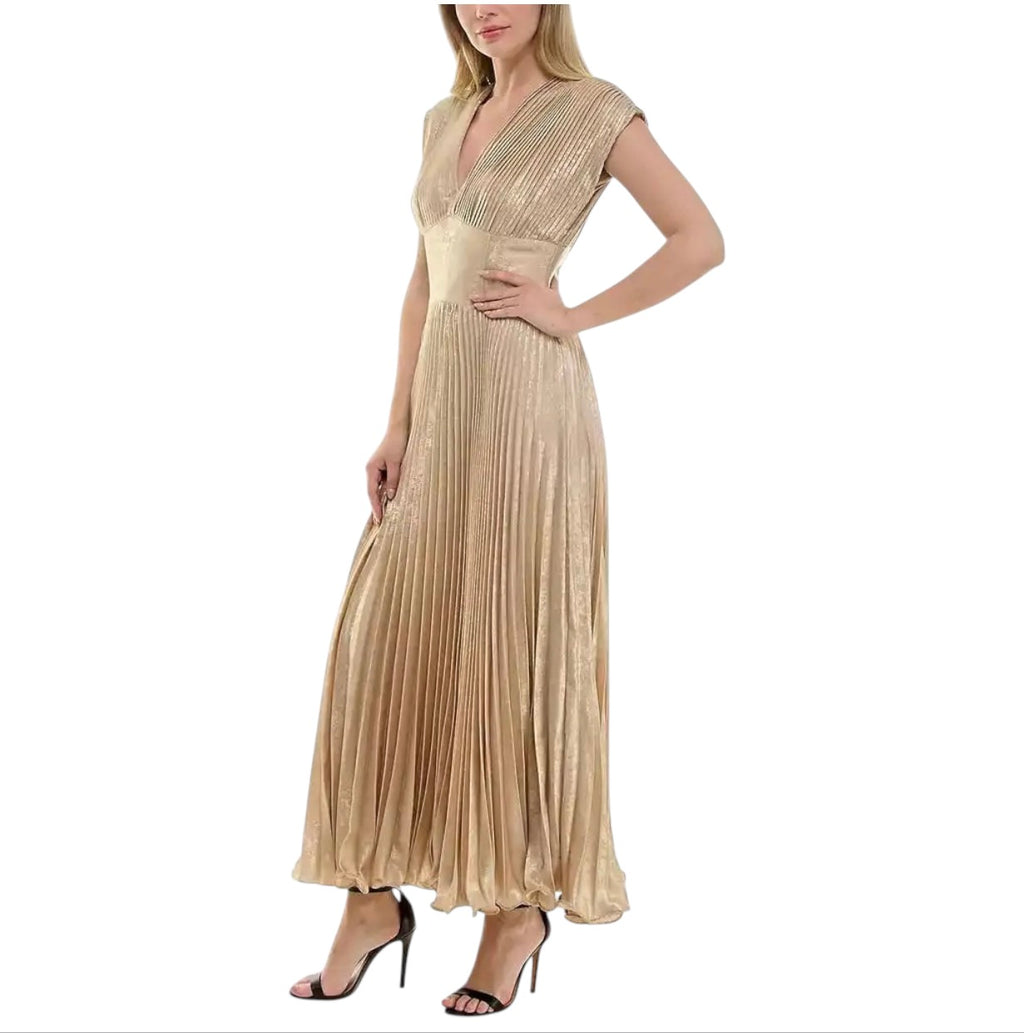 Taylor Metallic Pleated V-Neck Cap Sleeve Gown – Light Gold – Size 2