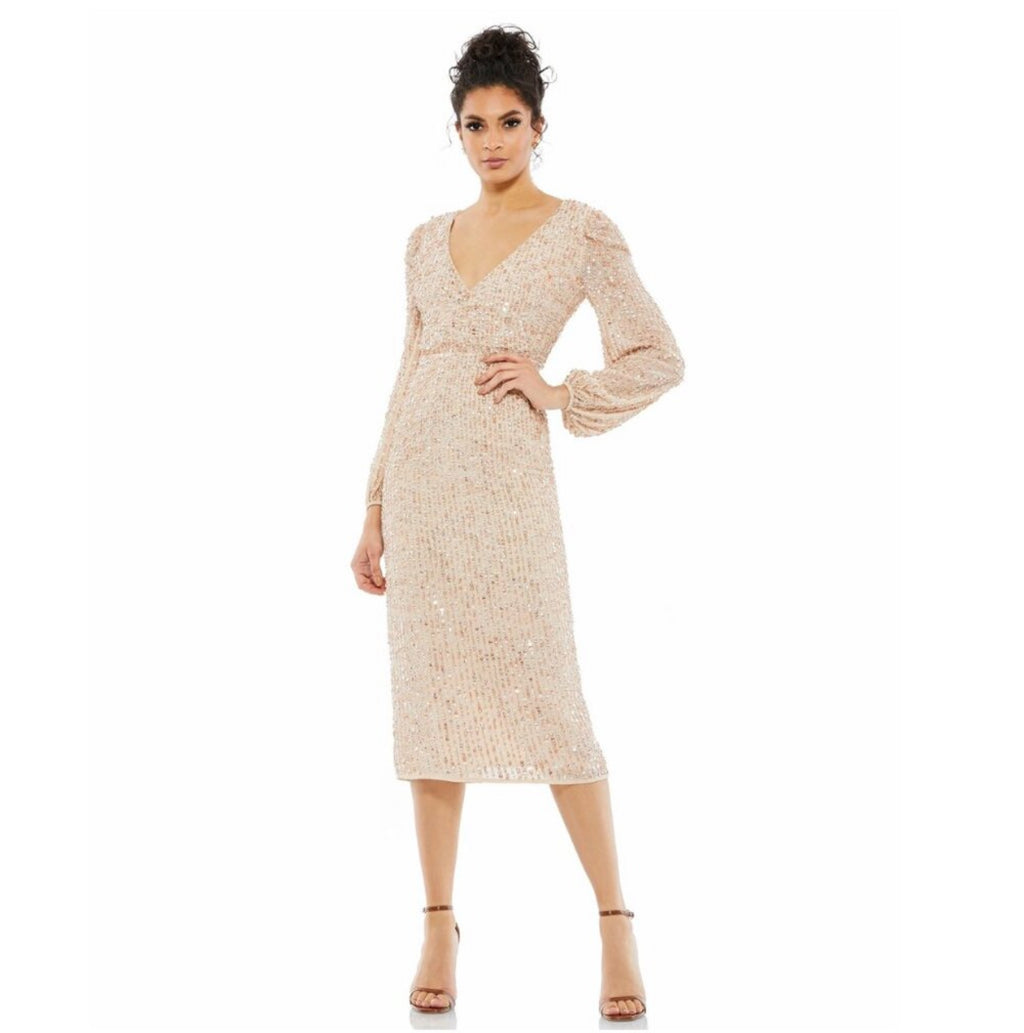 Mac Duggal Sequin Long Puff Sleeve Cocktail Midi Nude Sz 10 #7988 $498