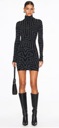 Gareth Pugh Geometric Mock Neck Bodycon Dress Grey Black Long Sleeve Italian 38 $365