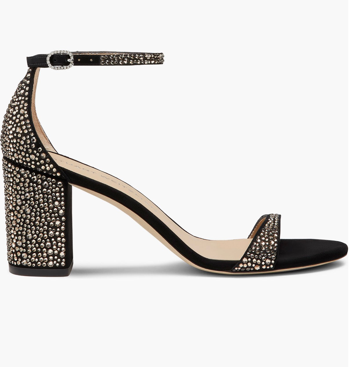 Stuart Weitzman
Nudist Shine Block 75
Sandal Jet Hematite/ Black Sz 10 $795