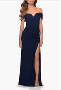 La Femme 28389 Off the Shoulder Fully Ruched Floor Length Gown in Navy Sz 14 $368