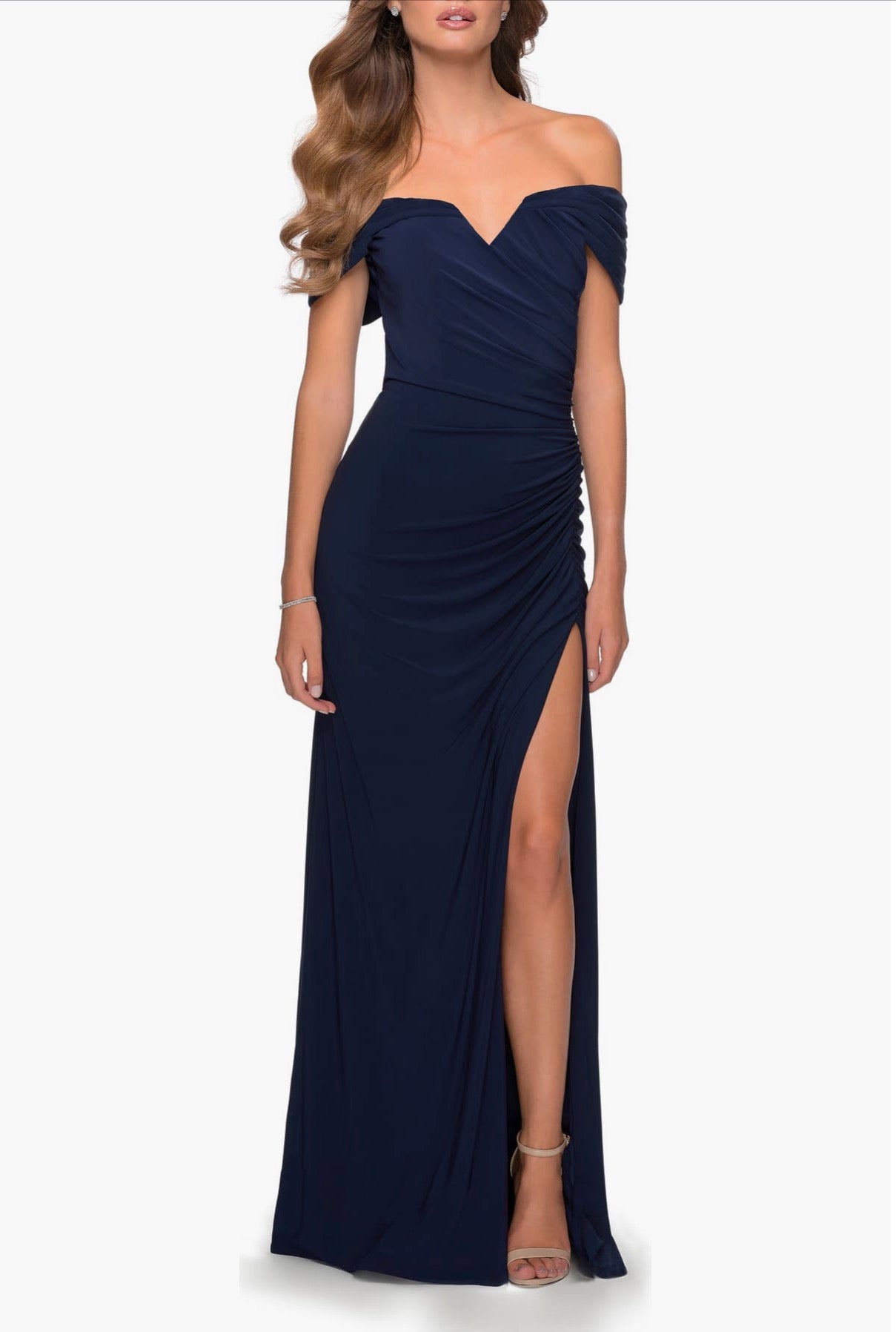 La Femme 28389 Off the Shoulder Fully Ruched Floor Length Gown in Navy Sz 14 $368