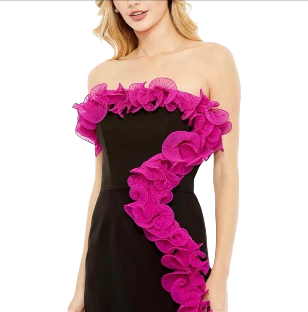 Mac Duggal 49642 Strapless Black Fuchsia Ruffle Detail Mini Dress Sz 0 $398