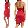Elliatt Asymmetric Halter Satin Cocktail Dress in Red Sz Large $148
