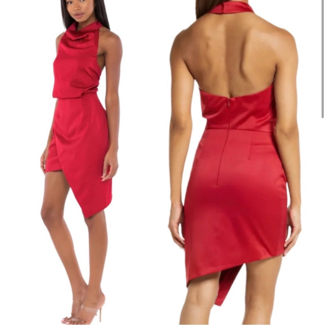 Elliatt Asymmetric Halter Satin Cocktail Dress in Red Sz Large $148