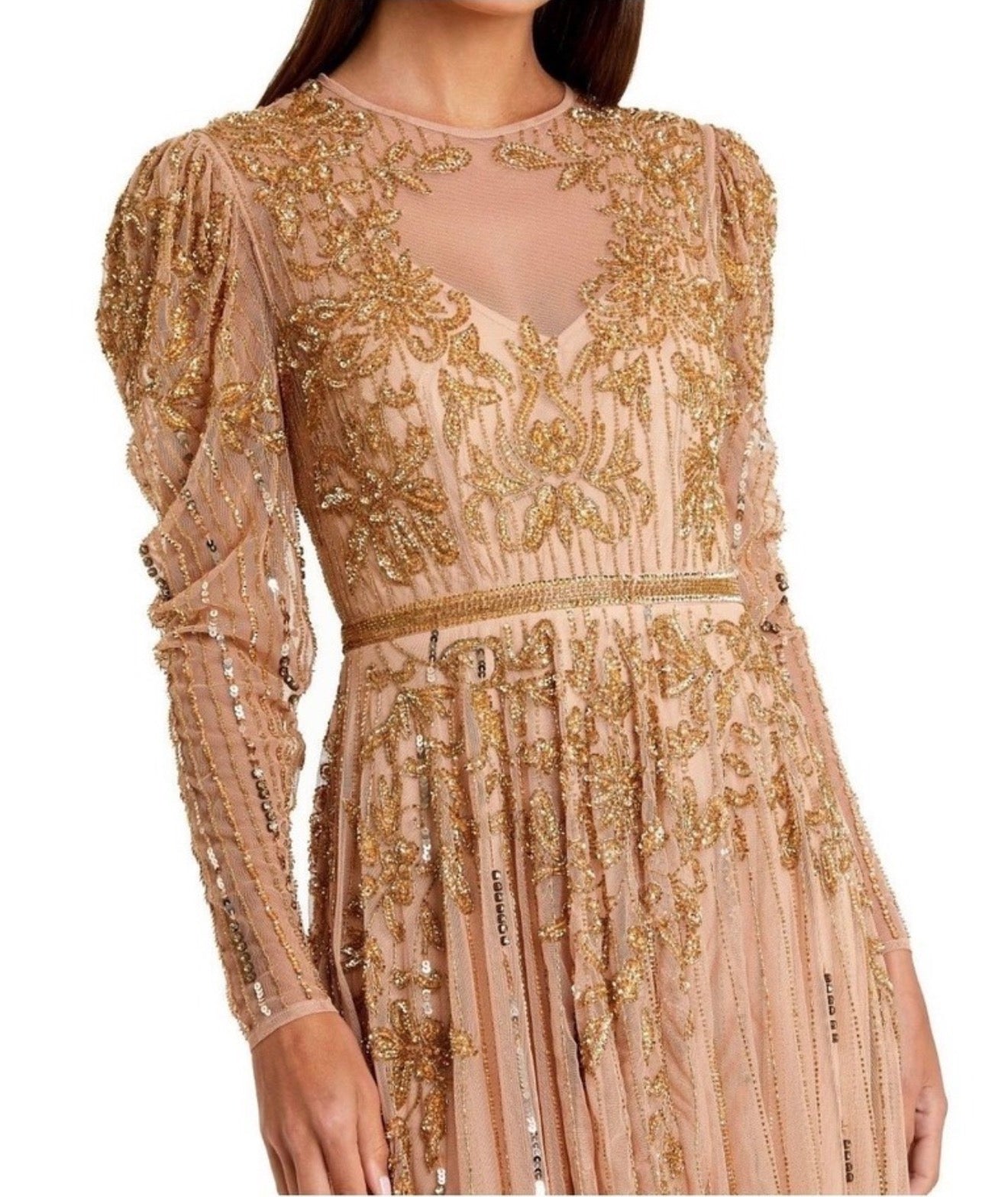 Mac Duggal 93638 Beaded Illusion
Puff Sleeve Gown Nude Gold Sz 8