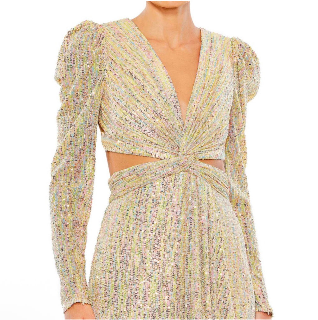 leena for Mac Duggal Metallic Puff Sleeve Front Twist Cut-Out Gown in Gold Sz 4 $298 27050
