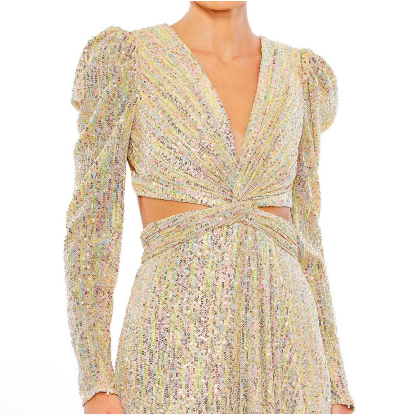 leena for Mac Duggal Metallic Puff Sleeve Front Twist Cut-Out Gown in Gold Sz 4 $298 27050