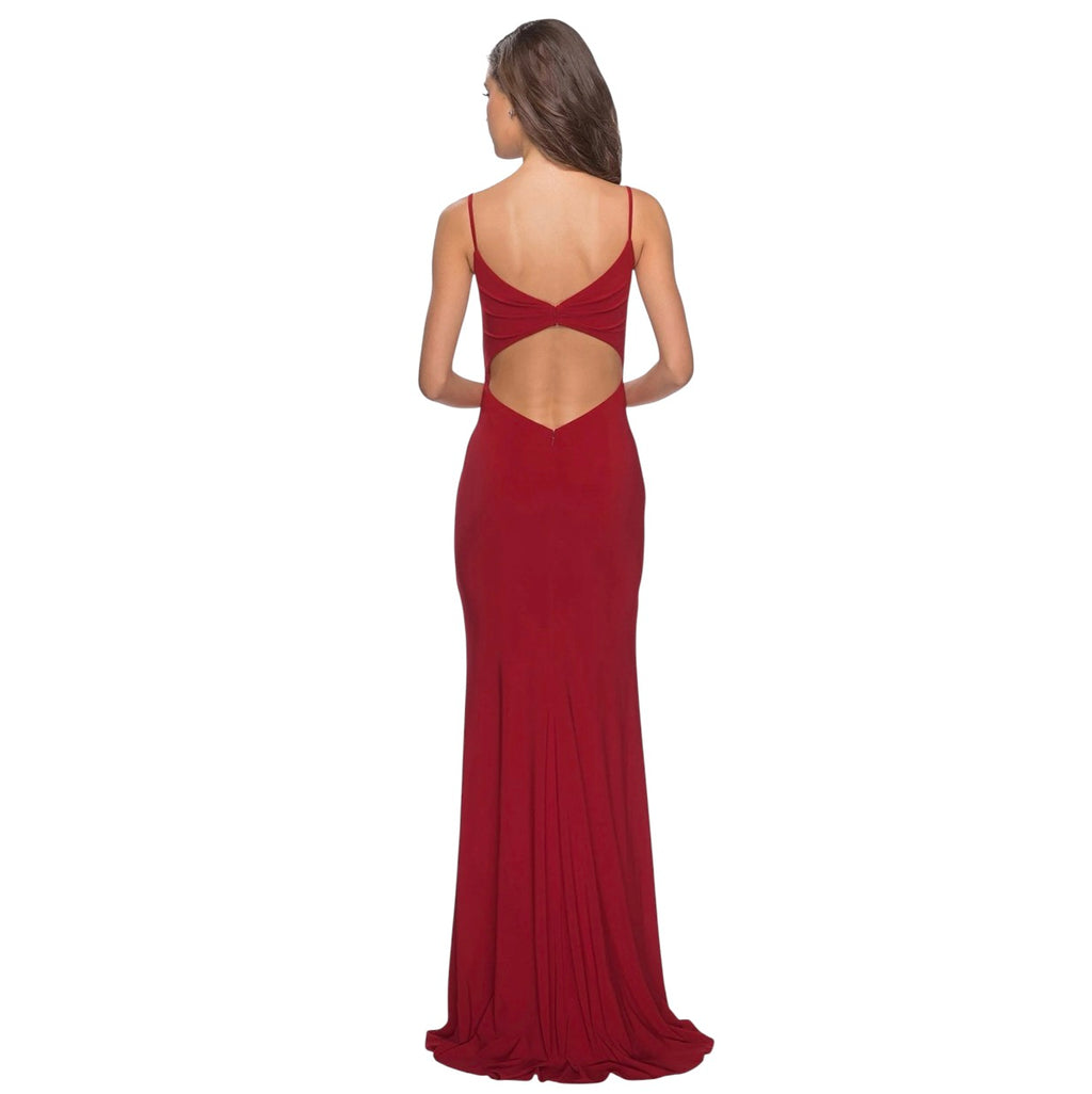 LA FEMME 29079 Deep Red Slinky Ruched Evening Gown Dress Sz 2