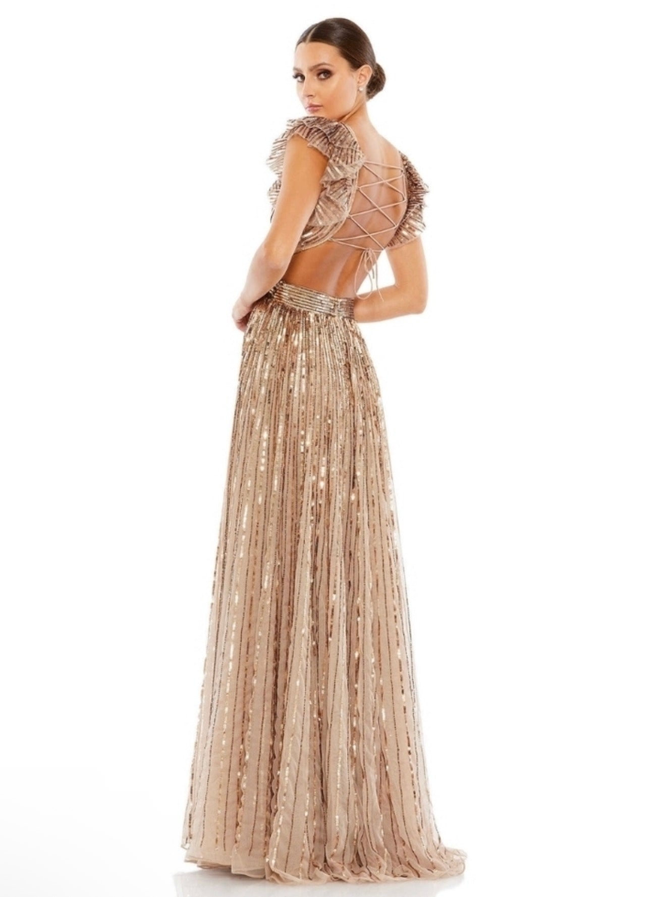 Mac Duggal 5568 Copper Sequin Cutout Lace Up Back Gown Size 2 $598