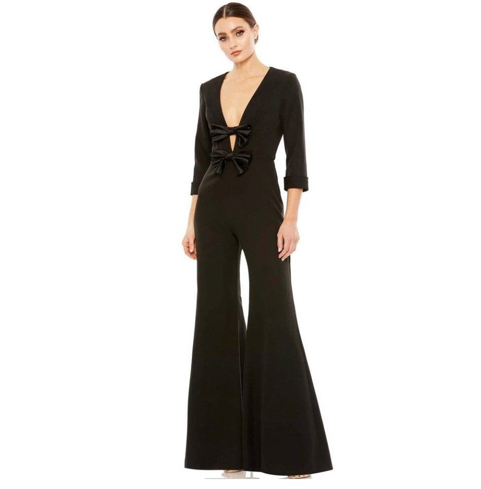 Mac DUGGAL 27033 LONG SLEEVE BOW
DETAIL WIDE LEG
JUMPSUIT Black Sz 6 $398