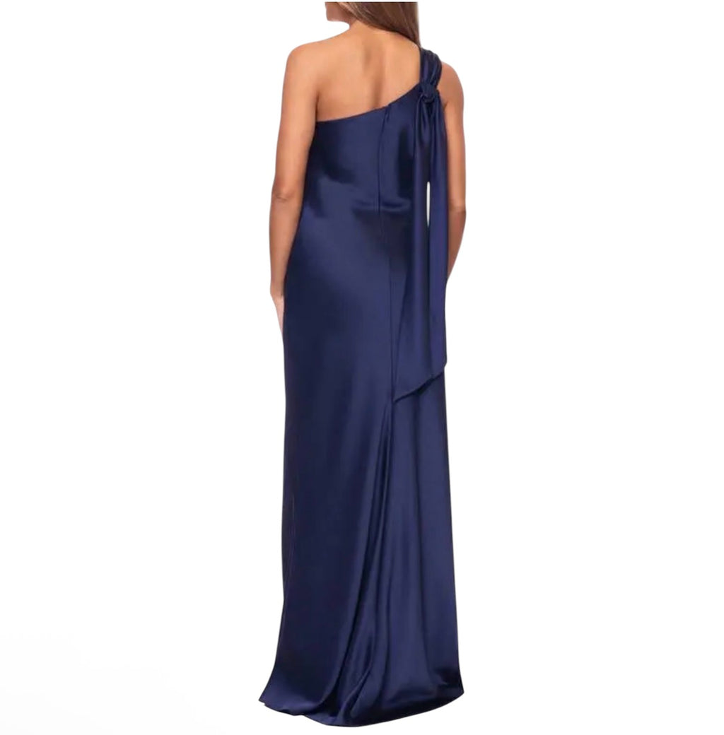 Xscape Evenings One-Shoulder Satin Gown Navy Size 16