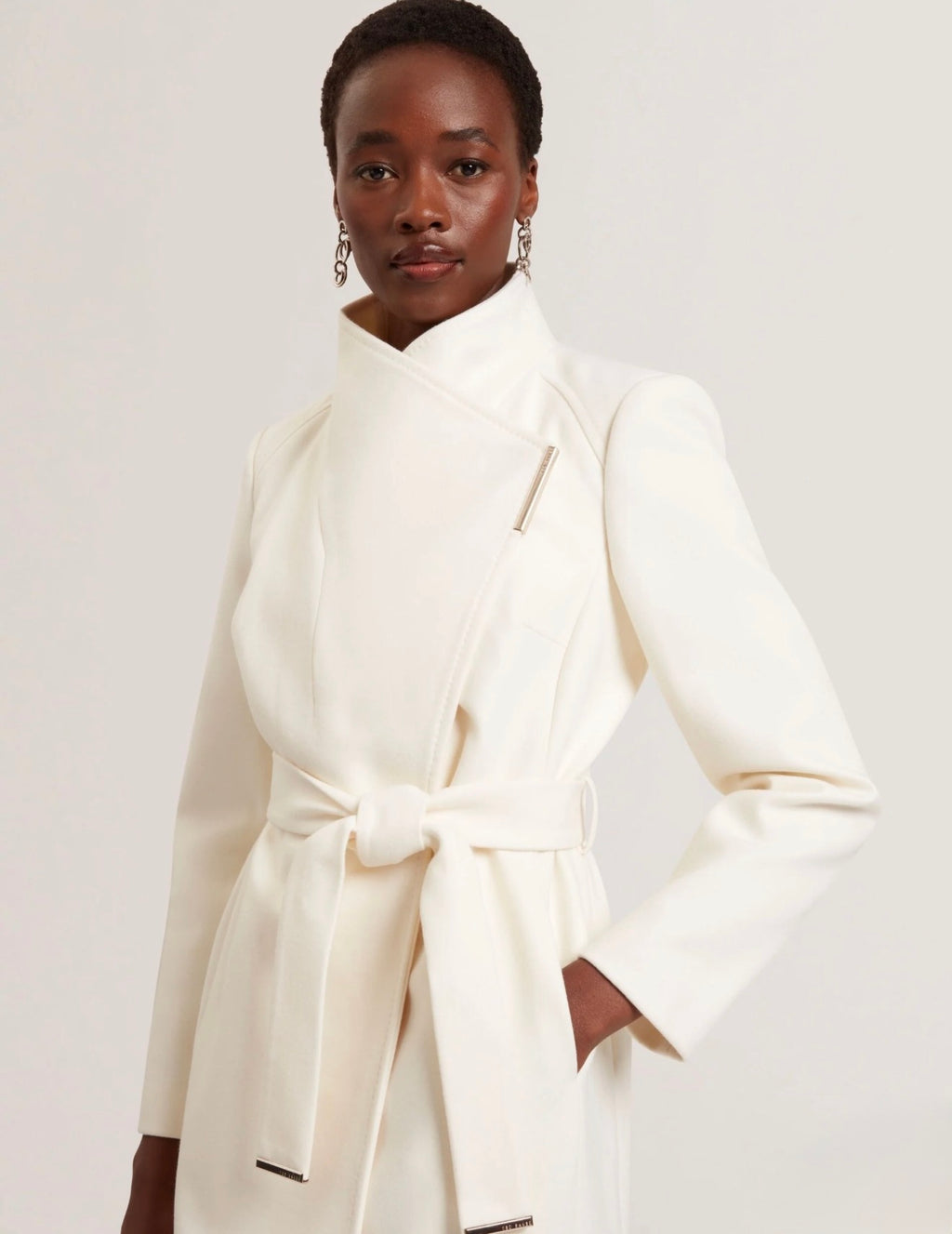 TED BAKER Rosell Ivory Wool Cashmere Belted Wrap Coat Size 3 US 8
