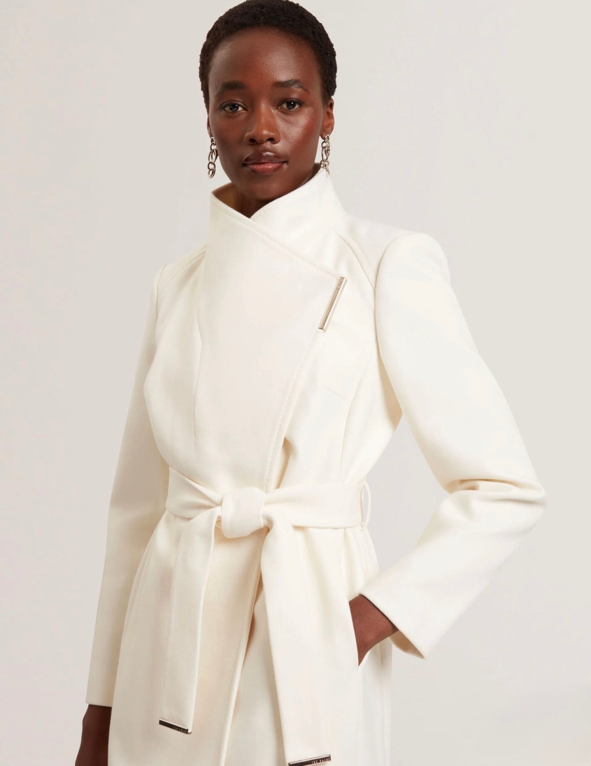 TED BAKER Rosell Ivory Wool Cashmere Belted Wrap Coat Size 3 US 8