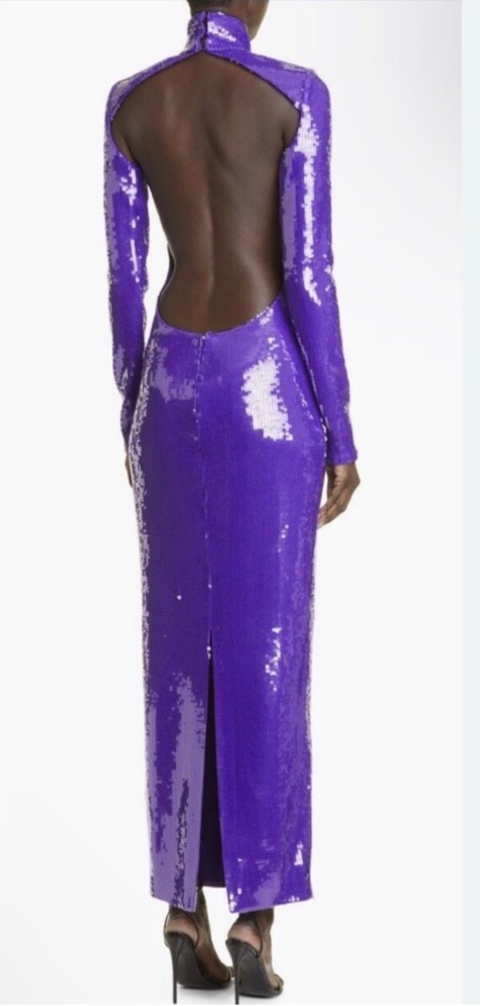 New LaQuan Smith Sequin Mock Neck Long Sleeve Cutout Column Gown Sz Small $3,125
