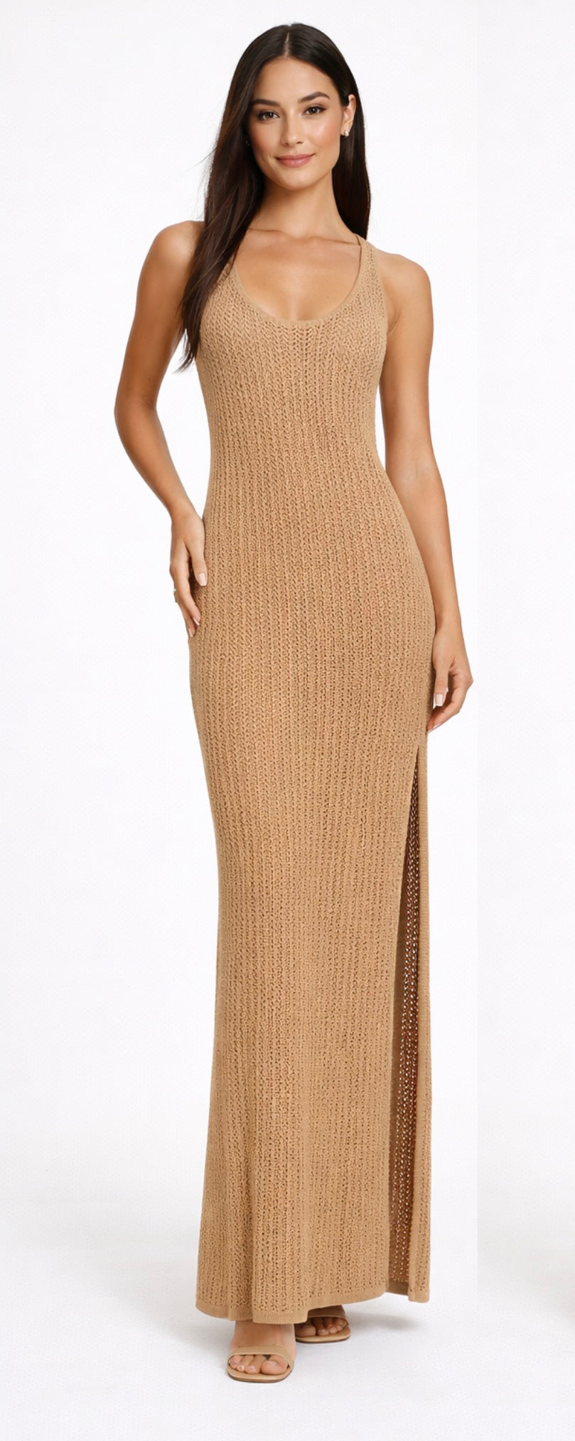 Ronny Kobo Netra Knit Maxi Dress Tan Racerback Small Sz Small $495