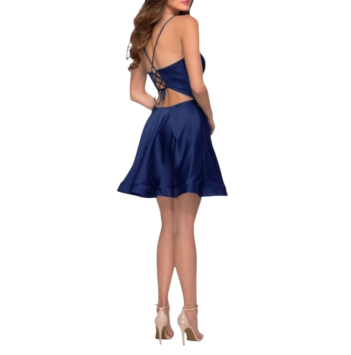 La Femme 29242 Satin V-Neck A-Line Cocktail Dress Navy Blue Sz 8