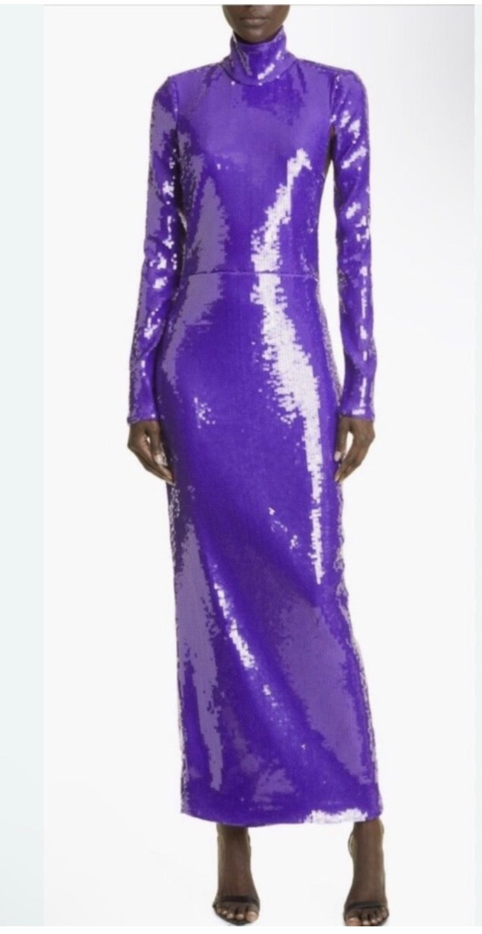 New LaQuan Smith Sequin Mock Neck Long Sleeve Cutout Column Gown Sz Small $3,125
