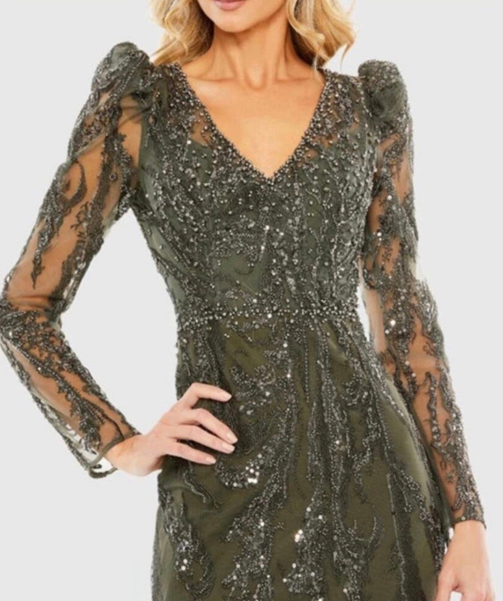 Mac Duggal 20349 Olive Green Beaded V-Neck Gown Long Sleeve Formal Sz 10