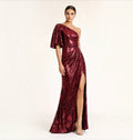 Mac Duggal 93540 Burgundy
Sequin One Shoulder Gown High Slit Size 8