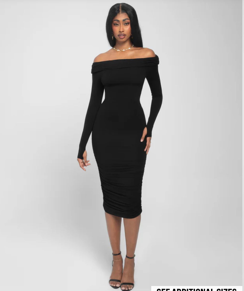 TA3 Shapey Off Shoulder Ruched Black Midi Dress XXS Long Sleeve Built In Shapewear