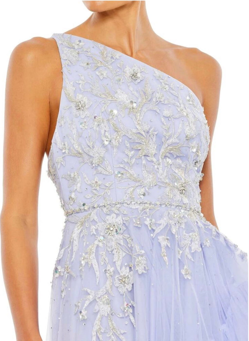 Mac Duggal 11265 Periwinkle One Shoulder Embellished Hi Low Gown Size 8  $798