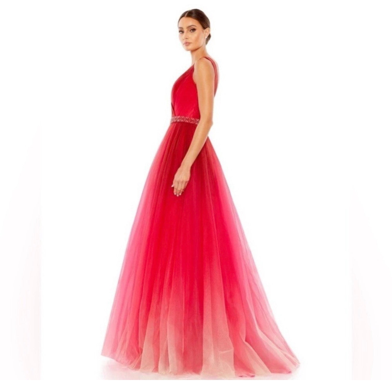 Mac Duggal #20378 Beaded Belt Wrap Over Sleeveless Ballgown
Red Ombré Sz 4