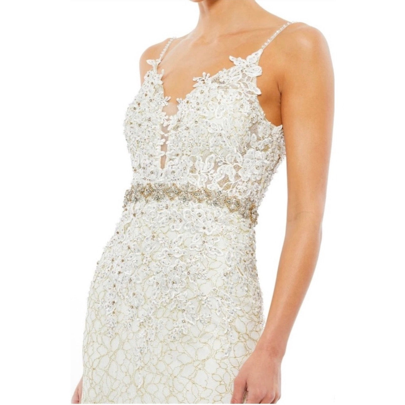 Mac Duggal A79341 Trumpet Gown Ivory Formal Plunge Neck Size 14 $798