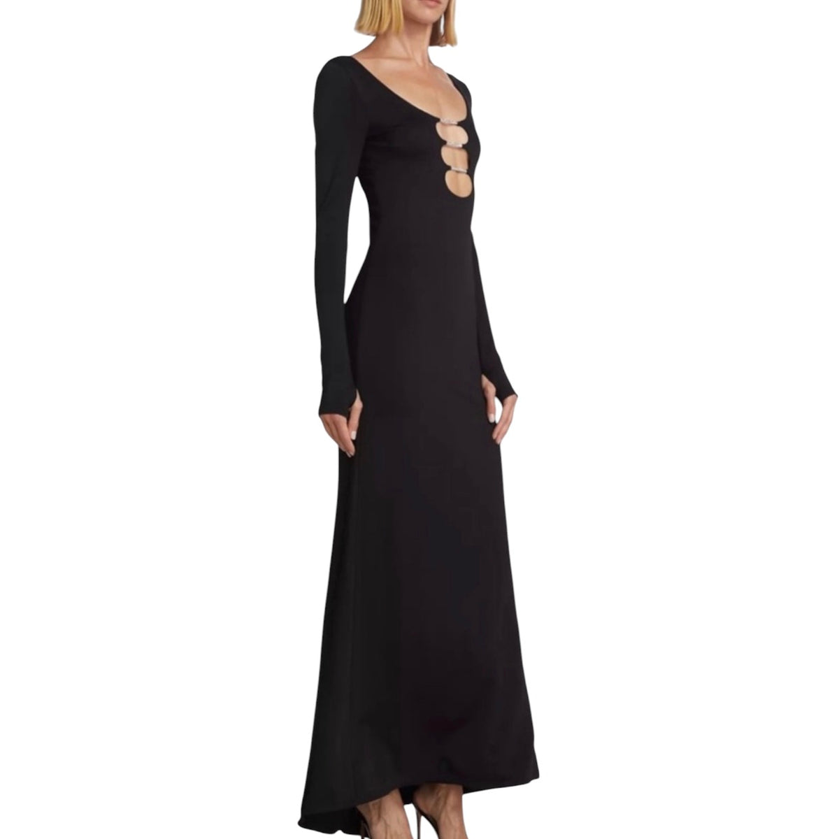 Alice + Olivia Black Kalena Plunge Crystal Jersey Cut Out Maxi Dress Sz 8