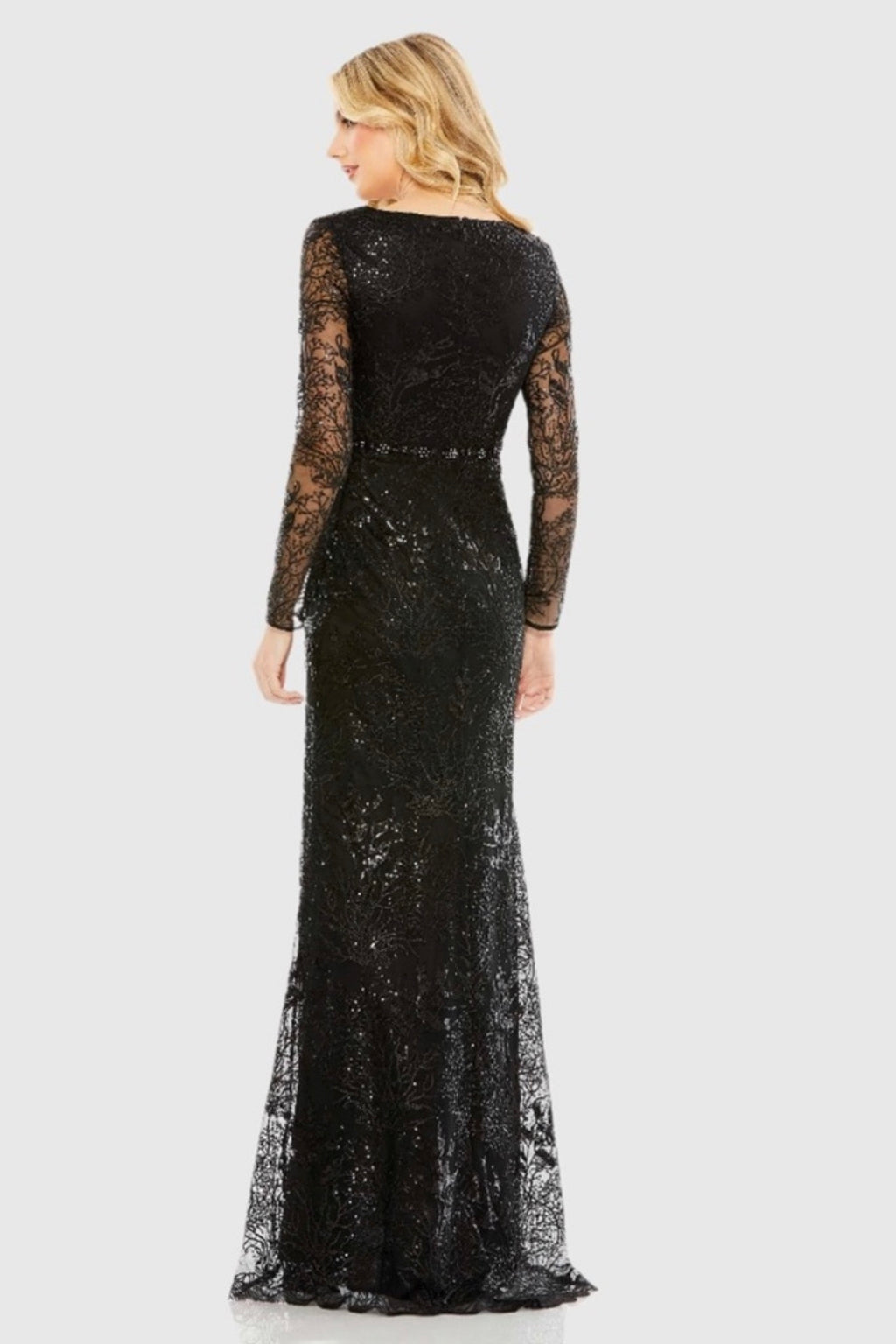 Mac Duggal 68016 Black Embellished Faux Wrap Long Sleeve Gown Size 24 Plus Beaded Formal Evening Dress $498