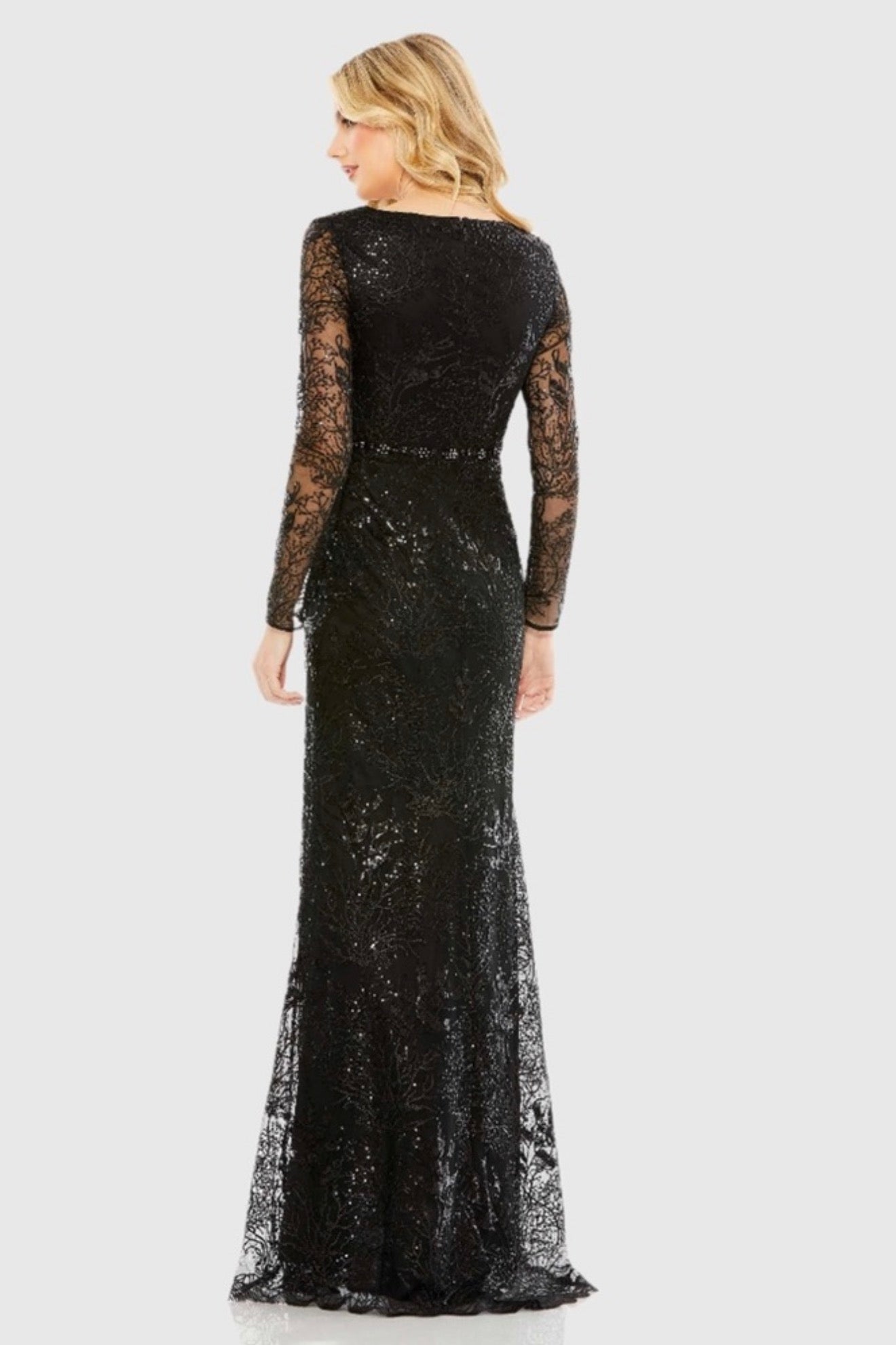 Mac Duggal 68016 Black Embellished Faux Wrap Long Sleeve Gown Size 24 Plus Beaded Formal Evening Dress $498