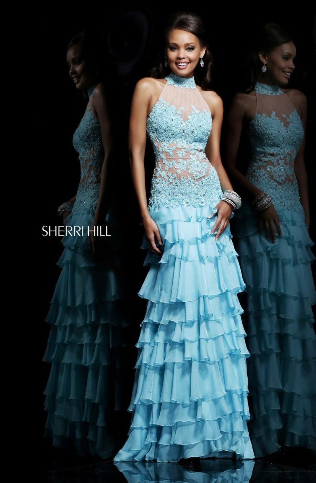 Sherri Hill 11052 Aqua Lace Tiered Ruffle Gown Sz 4
