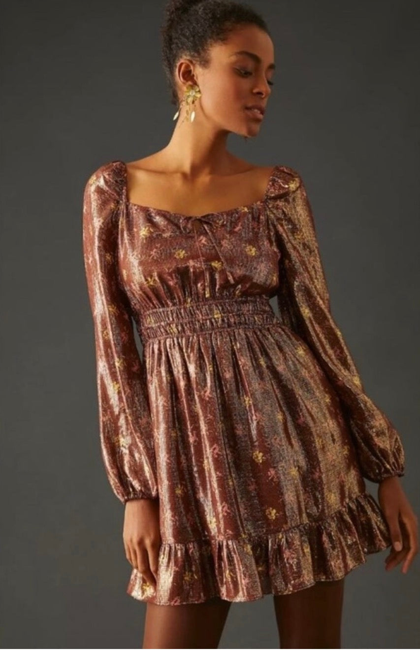 Paige Noah Metallic Dress Long Sleeve Mini in Brown Copper Sz Small