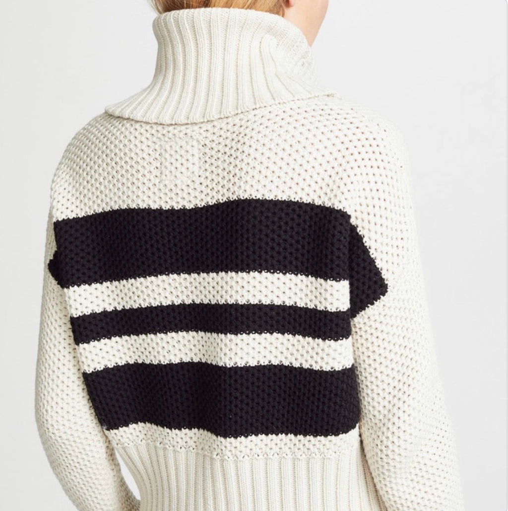 Chaser Cream Black Striped Cowl Neck Knit Sweater Size Medium