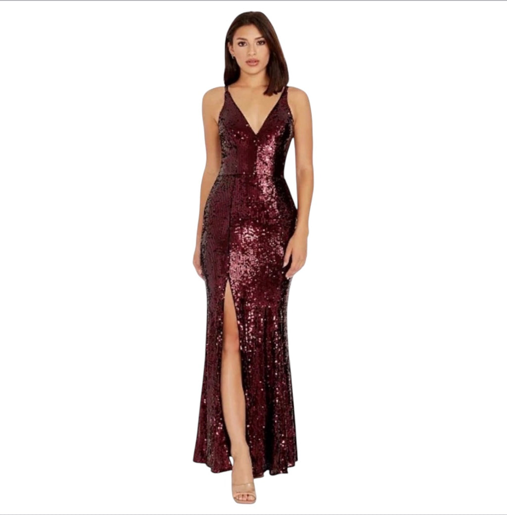 Dress the Population Iris Strapless Sequin Gown Port Wine XS