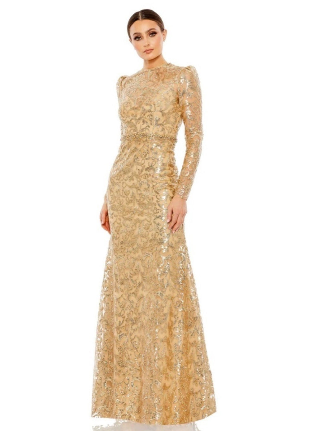 Mac Duggal 68011 Gold Embellished High Neck Gown Size 4 $698