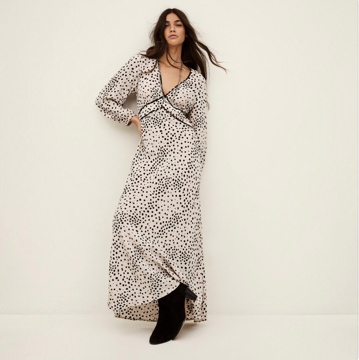 ba&sh Derby Maxi Dress Ecru Black Contrast Puff Sleeve Sz Medium