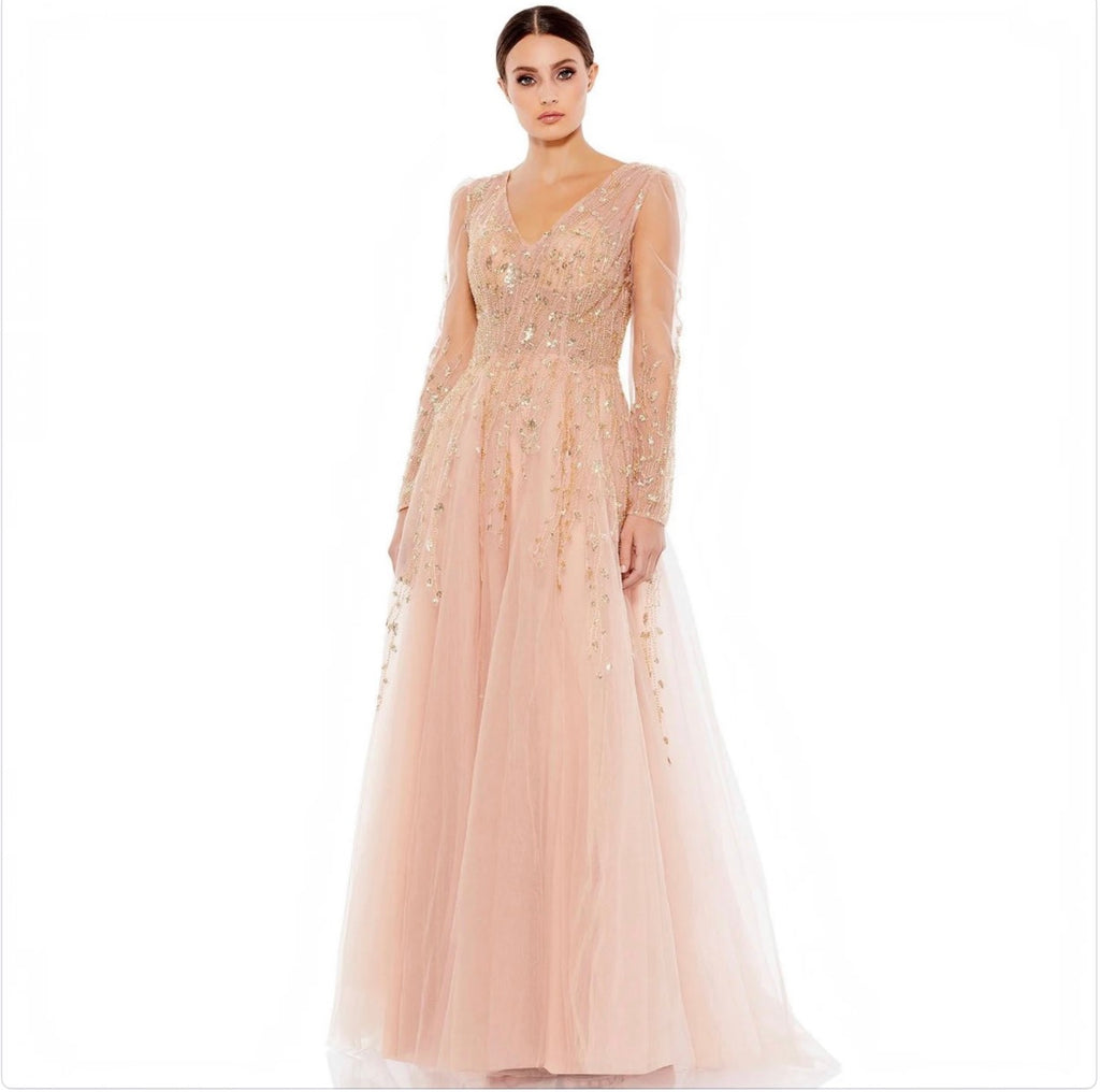MAC DUGGAL 20295 Pink Champagne Beaded Long Sleeve Gown Size 14