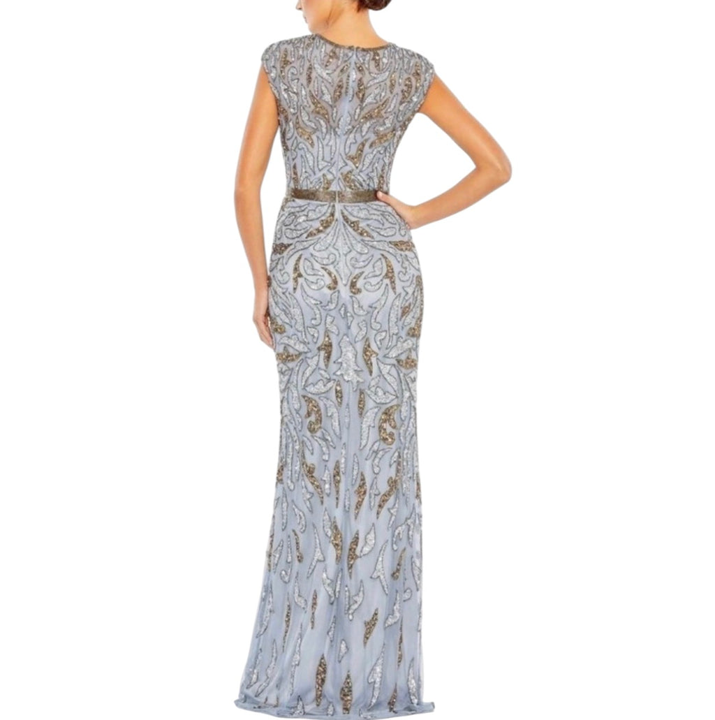 Mac Duggal Embellished Illusion Cap Sleeve Column Gown Platinum
Gold 5532 Sz 8