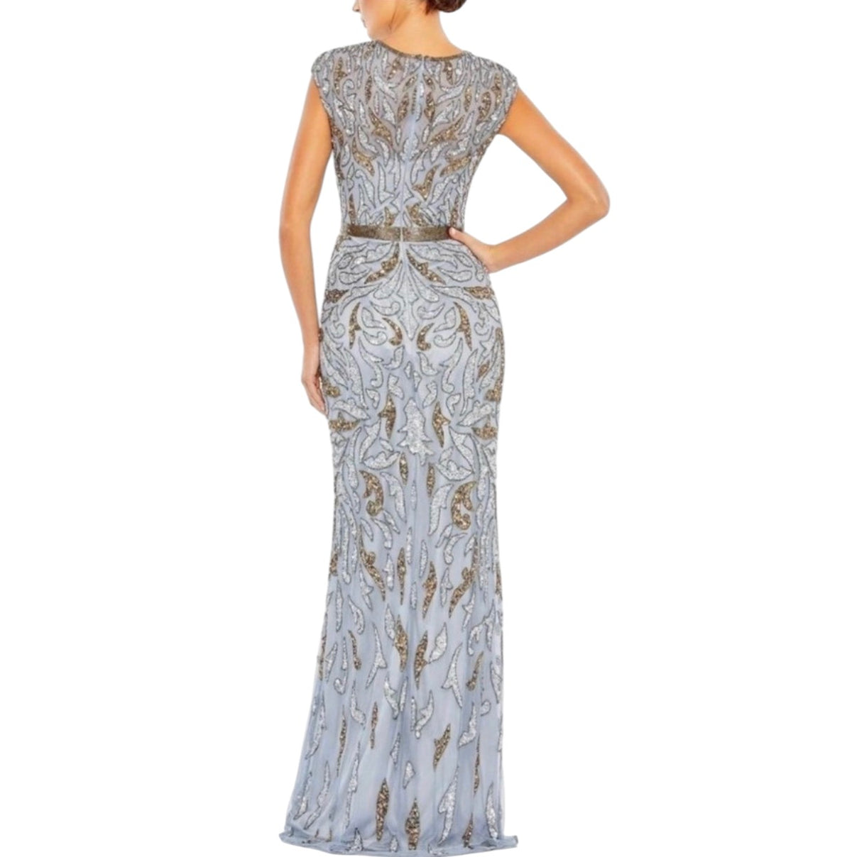 Mac Duggal Embellished Illusion Cap Sleeve Column Gown Platinum
Gold 5532 Sz 8