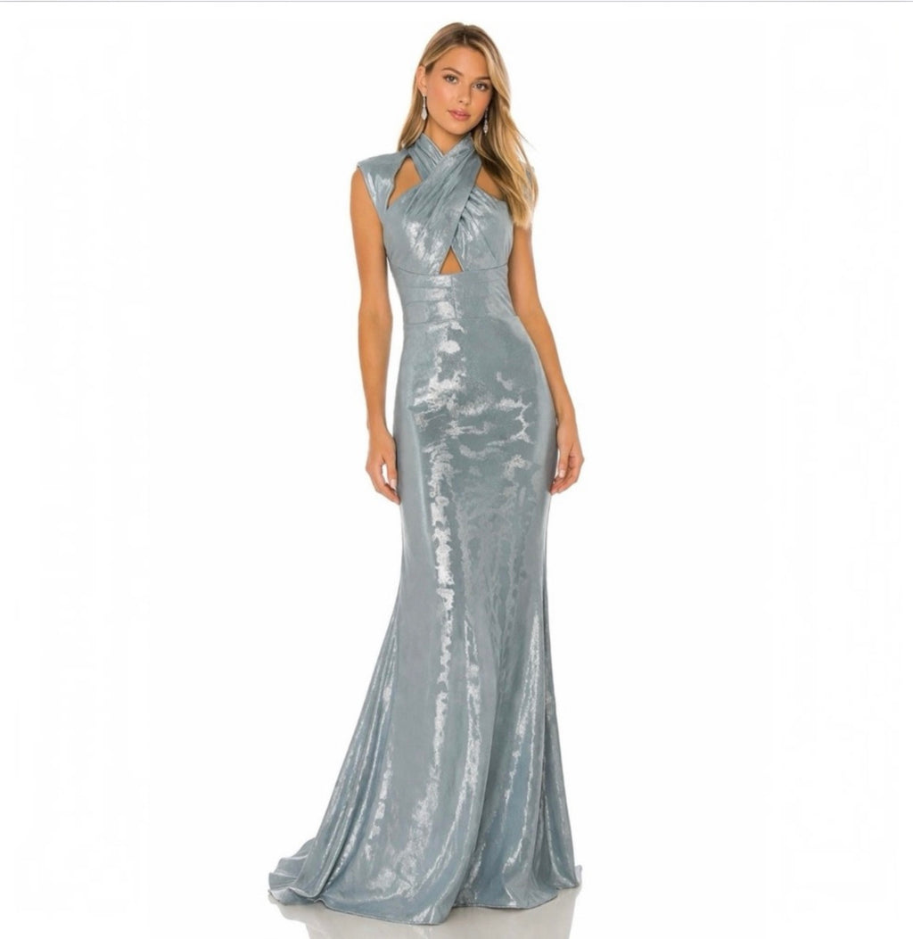 Dress the Population Metallic Sculpted Neck Gown Silver Blue Sz Small