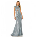 Dress the Population Metallic Sculpted Neck Gown Silver Blue Sz Small