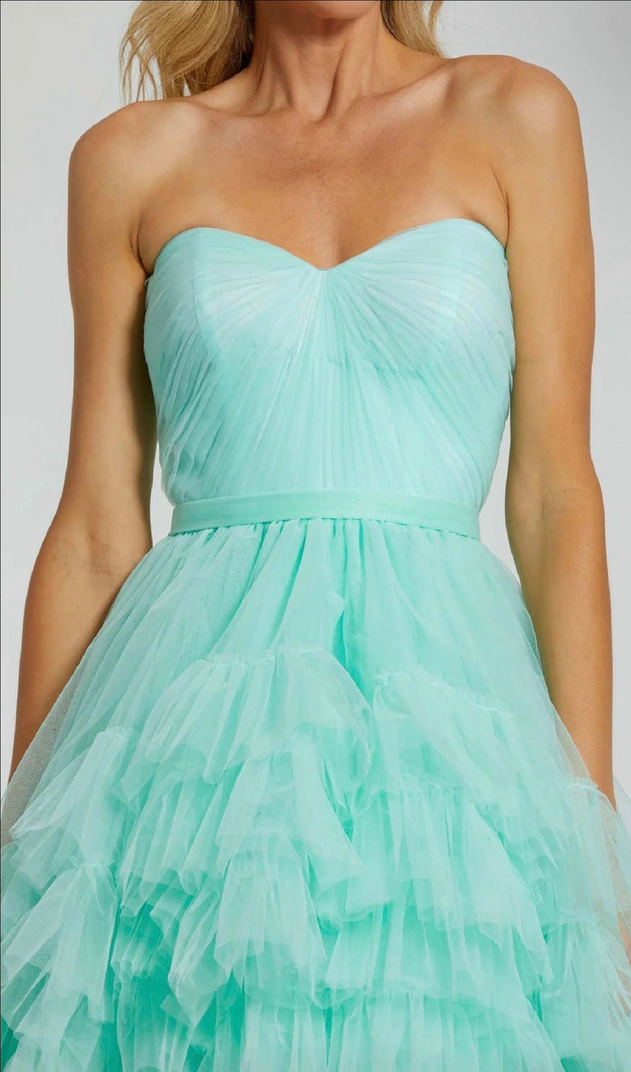 Mac Duggal Strapless Tiered Tulle High Low Gown Aqua Size 10 $598