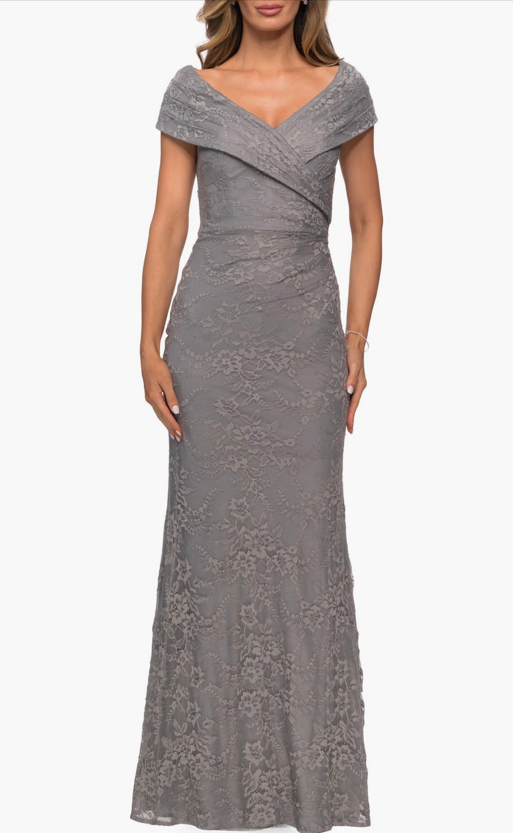 La Femme 27982 Platinum Lace Off Shoulder Gown Size 16 $378