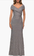 La Femme 27982 Platinum Lace Off Shoulder Gown Size 16 $378