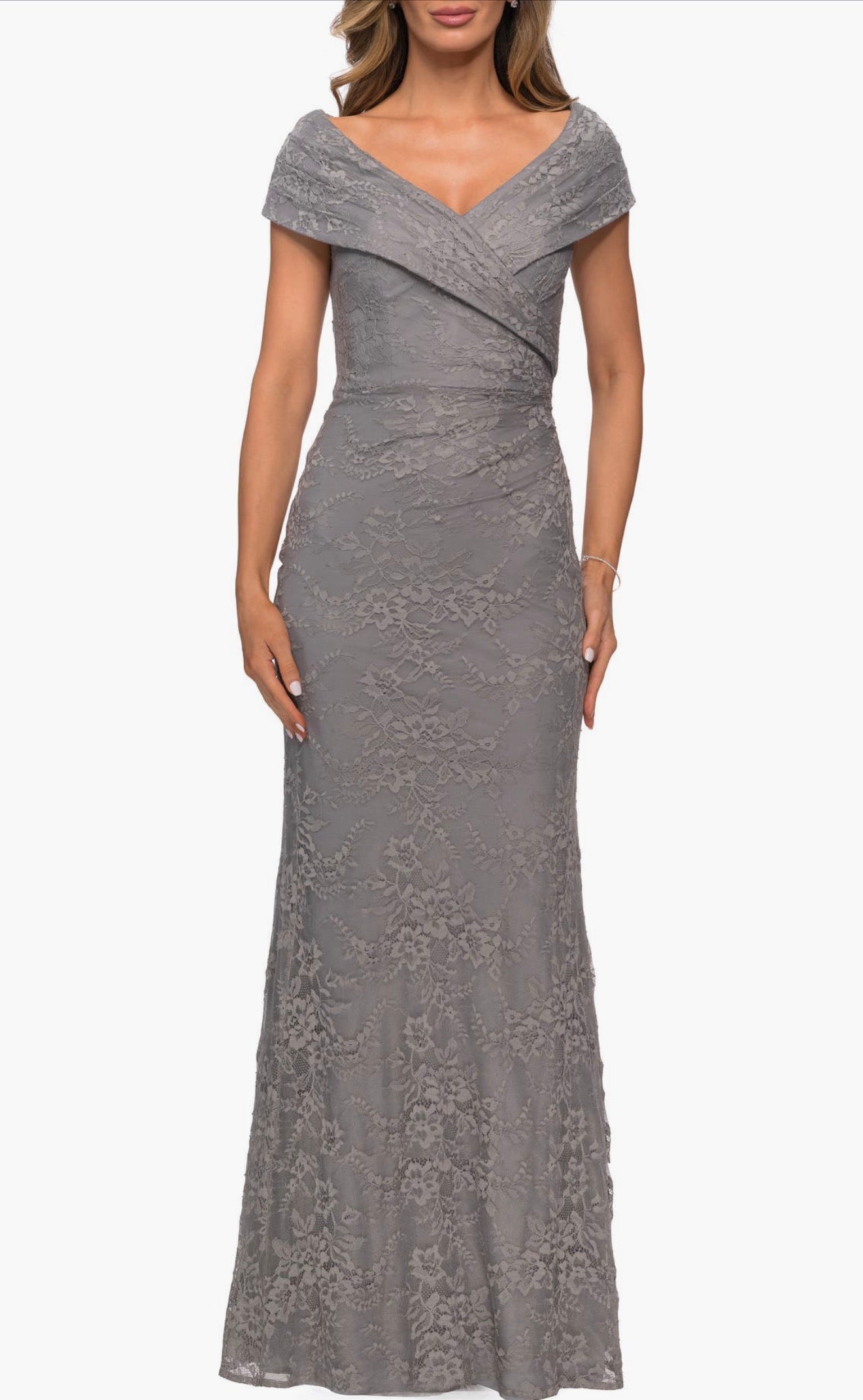 La Femme 27982 Platinum Lace Off Shoulder Gown Size 16 $378